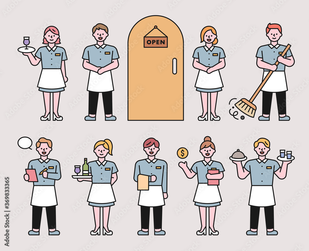 Wall mural waiter and waitress characters in uniform. flat design style minimal vector illustration.
