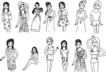 Vector illustration black and white woman set