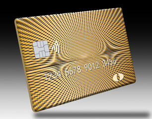 Here is a blank credit or debit card with room for your text. It is colorful with a geometric design and is isolated on a white background. It includes. an EMV chip, generic logo, numbers and NFC icon