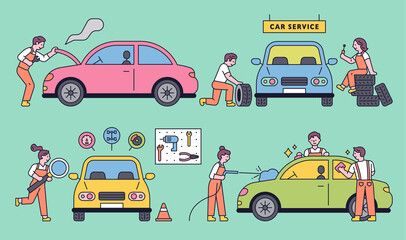 Cars with experts in auto repair shops. flat design style minimal vector illustration.