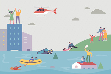 Flooded the city.  People evacuating and sending rescue signals. flat design style minimal vector illustration.