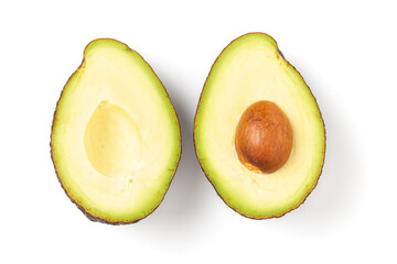 Two slices of avocado isolated on white background