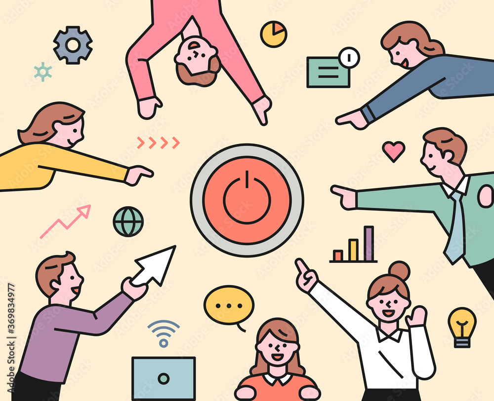Poster business team members are pointing the power button in the middle. flat design style minimal vector 