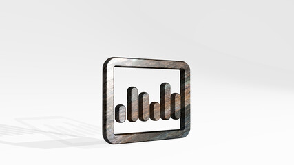 analytics board bars casting shadow with two lights. 3D illustration of metallic sculpture over a white background with mild texture. business and concept