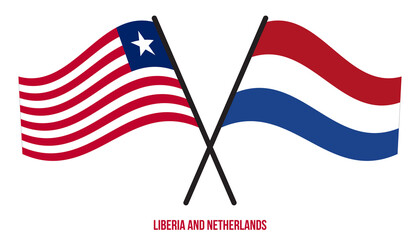 Liberia and Netherlands Flags Crossed And Waving Flat Style. Official Proportion. Correct Colors.