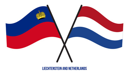Liechtenstein and Netherlands Flags Crossed Flat Style. Official Proportion. Correct Colors