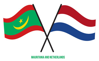 Mauritania and Netherlands Flags Crossed And Waving Flat Style. Official Proportion. Correct Colors.