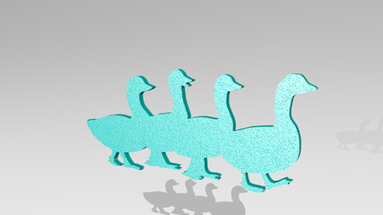 ducks on the wall. 3D illustration of metallic sculpture over a white background with mild texture. lake and bird
