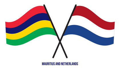 Mauritius and Netherlands Flags Crossed And Waving Flat Style. Official Proportion. Correct Colors.