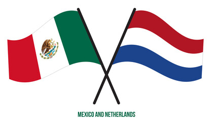 Mexico and Netherlands Flags Crossed And Waving Flat Style. Official Proportion. Correct Colors.