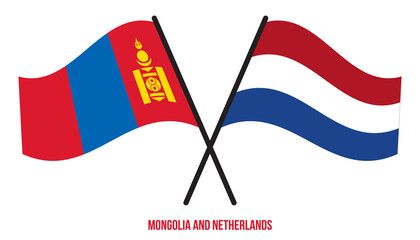 Mongolia and Netherlands Flags Crossed And Waving Flat Style. Official Proportion. Correct Colors.