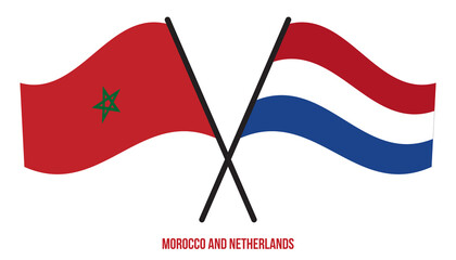 Morocco and Netherlands Flags Crossed And Waving Flat Style. Official Proportion. Correct Colors.