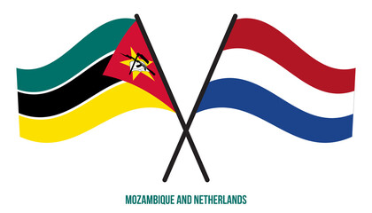 Mozambique and Netherlands Flags Crossed And Waving Flat Style. Official Proportion. Correct Colors.