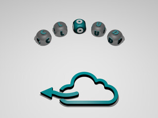 3D representation of cloud with icon on the wall and text arranged by metallic cubic letters on a mirror floor for concept meaning and slideshow presentation. background and blue