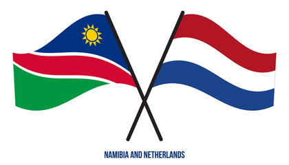 Namibia and Netherlands Flags Crossed And Waving Flat Style. Official Proportion. Correct Colors.