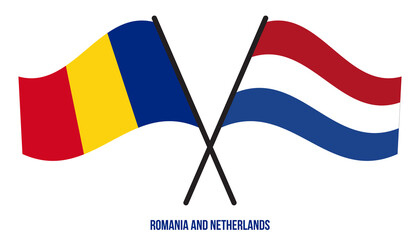 Romania and Netherlands Flags Crossed And Waving Flat Style. Official Proportion. Correct Colors.