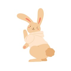 Funny rabbit in hoodie dancing demonstrate fluffy tail vector flat illustration. Cute bunny in clothes smiling having fun isolated on white. Adorable joyful animal with long ears