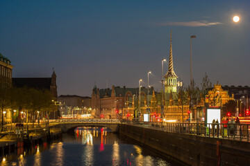 Night view of Copenhagen, Copenhagen canal at night with the view of Borsen