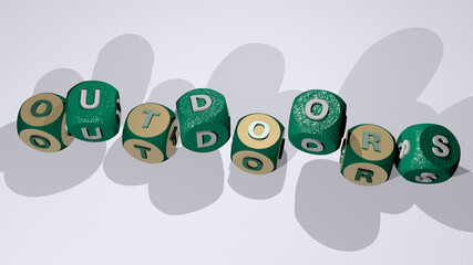 outdoors combined by dice letters and color crossing for the related meanings of the concept. beautiful and nature