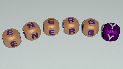 crosswords of ENERGY arranged by cubic letters on a mirror floor, concept meaning and presentation. background and illustration