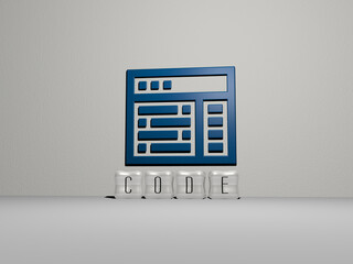 3D representation of CODE with icon on the wall and text arranged by metallic cubic letters on a mirror floor for concept meaning and slideshow presentation. illustration and background