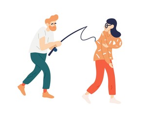 Funny man catching woman to fishing rod vector flat illustration. Guy trying to catch victim on hook isolated on white. Searching for couple. Pick up partner, love, relationship, girlfriend or wife