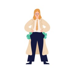 Business male in suit stand with full of money pockets vector flat illustration. Corruption man demonstrate wealth isolated. Executive guy hide currency bribe or illegal payment in pants