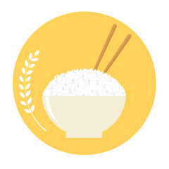 Rice bowl with chopsticks and ear of rice icon, yellow sign isolated on white background vector illustration.