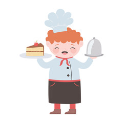 chef boy with cake and platter service cartoon character isolated icon design