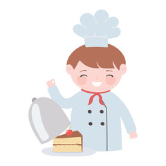 chef boy with piece cake in dish cartoon character