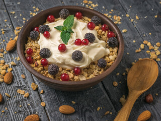 Black raspberries and red currants in a bowl with granola and yogurt.