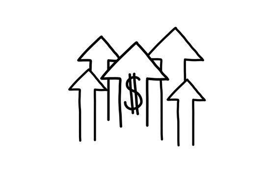 dollar money sign symbol with doodle hand drawn style. rate increase icon with stretching arrow up. rising prices. investment growth vector illustration