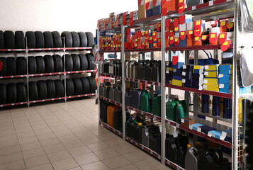 Tires and car care products in auto store