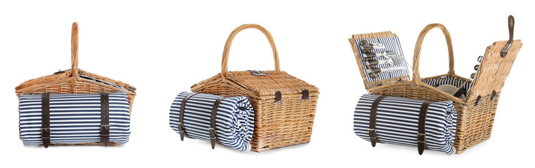 Set of wicker baskets with picnic essentials and blanket on white background, banner design