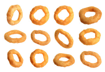Set of fried onion rings on white background