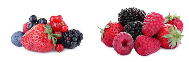 Set of different mixed berries on white background, banner design