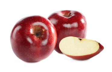 Cut and whole red apples on white background