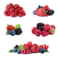 Set of different mixed berries on white background
