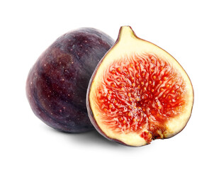 Cut and whole fresh figs on white background