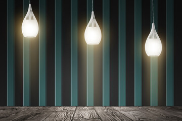 Striped wallpaper and glowing hanging lamps in room