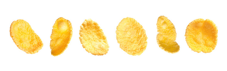 Set of tasty crispy corn flakes on white background. Banner design