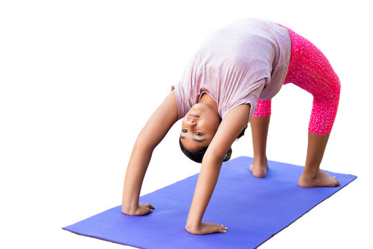 Young Girl Doing Bridge Stretch on Yoga Mat, Isolated, White