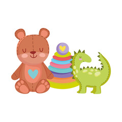 Fototapeta na wymiar toys object for small kids to play cartoon, cute teddy bear dinosaur and pyramid
