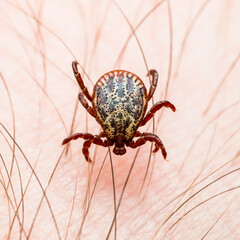 Infectious Encephalitis Tick Insect Crawling on Skin. Encephalitis Virus or Lyme Borreliosis Disease Infected Dermacentor Tick Arachnid Parasite Macro.