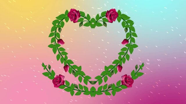 Decorative Growing Heart Rose Vine Flowers With Green Leaves On Colorful Windy Spring Atmosphere, Isolated With Black, And Alpha Matte, Last 10 Seconds Seamless Loop