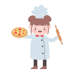 chef girl with pizza and roller pin cartoon character isolated icon design