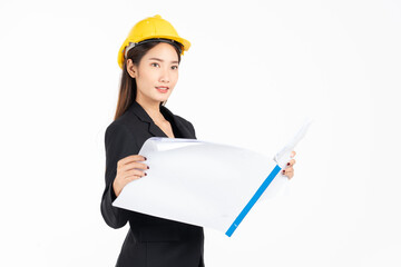 Asian business woman  in safety helmet holding engineering blueprint isolated on white background, asian model