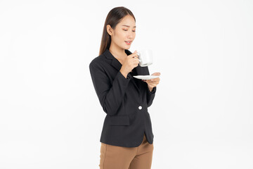Asian business woman standing holding coffee cup isolate on white background..