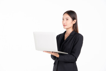 Asian business woman standing use laptop work flow isolate on white background..