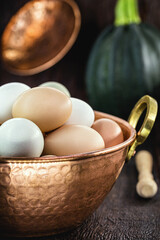 many free-range eggs, large Brazilian eggs from chickens from minas gerais, in old rustic cuisine.